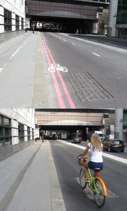 2 Lower Thames Street, London, vor und nach der Installation des Radwegs